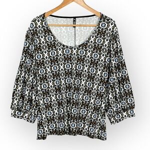 Deborah Viereck Liquid Knit Geometric Medallion Print Top Womens XL 3/4 Sleeve
